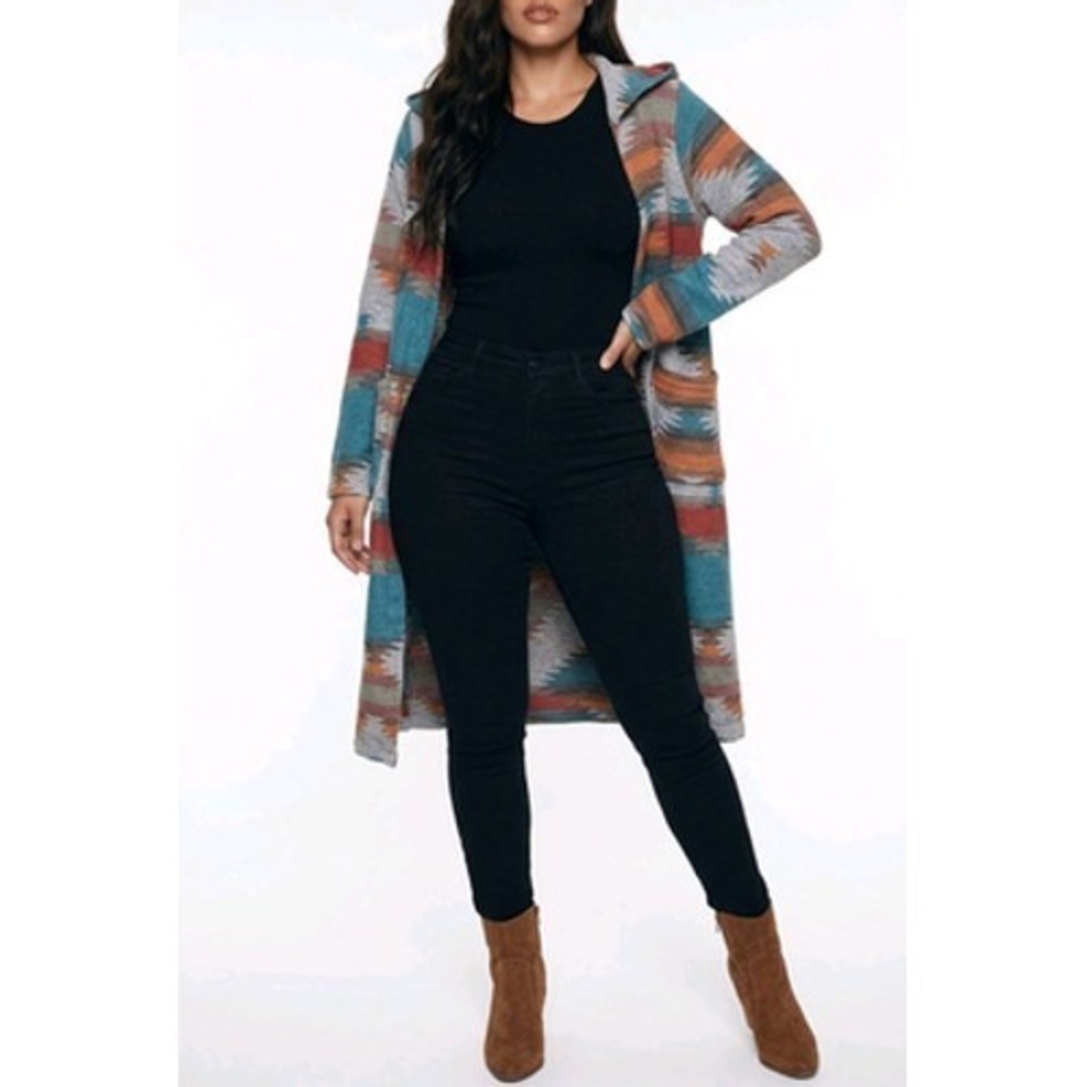 Southwestern Longline Cardigan Sweater Women L Blue Aztec Hooded Duster Rodeo